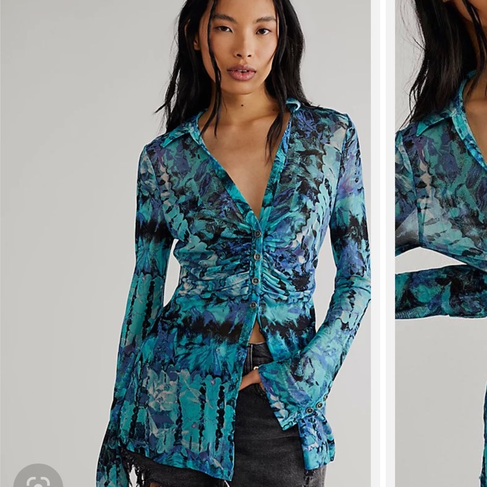 Free People Lucky Shirtee Blouse in Deep Indigo Blue Combo